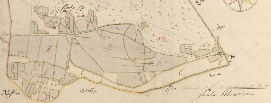 Karta ritad 1687 från Historiska kartor. Visar en ägomätning i Almby (Vänge socken), tre hemman fanns där då.